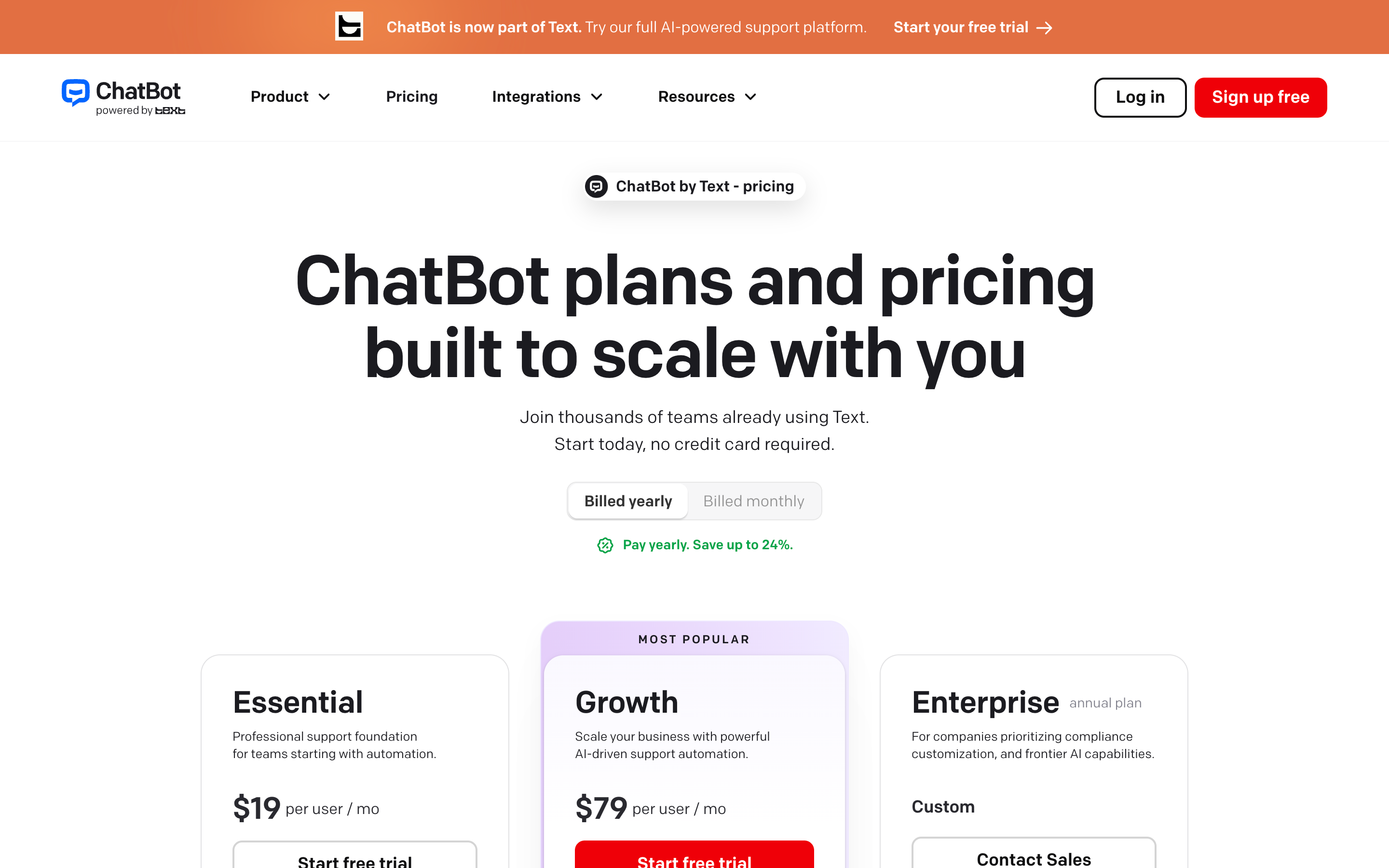 ChatBot.com pricing page showing Starter Team and Business plan tiers with conversation limits and chatbot counts
