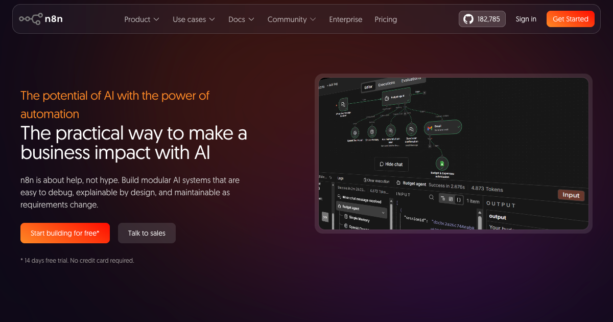 n8n AI agents page showing native LangChain integration, 70+ AI nodes, and workflow automation capabilities