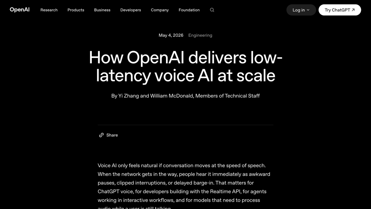 OpenAI engineering post: How OpenAI delivers low-latency voice AI at scale, May 4 2026