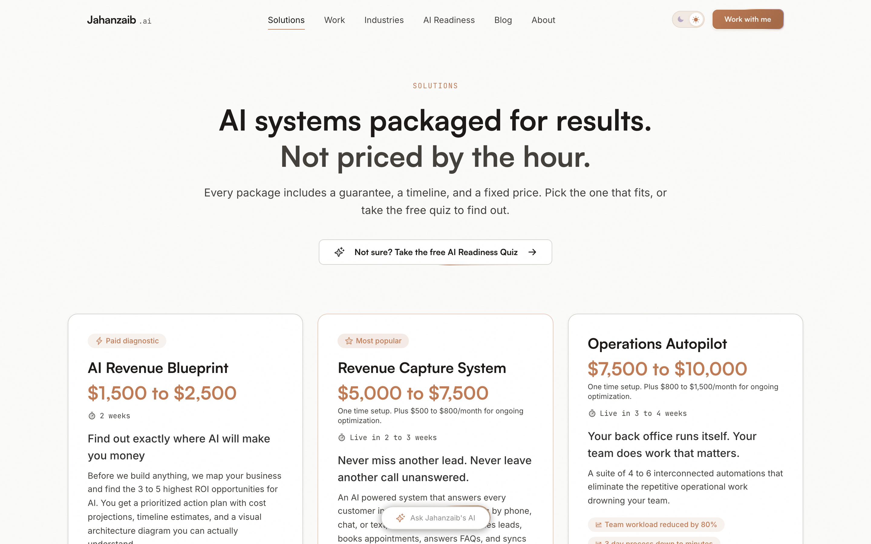Jahanzaib Ahmed services page showing AI automation packages and retainer tiers for small businesses
