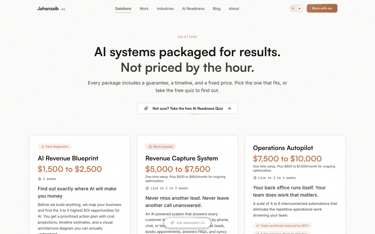 Jahanzaib Ahmed services page showing AI automation packages and retainer tiers for small businesses