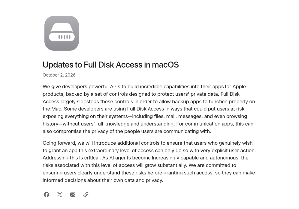 Apple Developer news page Updates to Full Disk Access in macOS dated October 2 2026 about tighter controls because of AI agents
