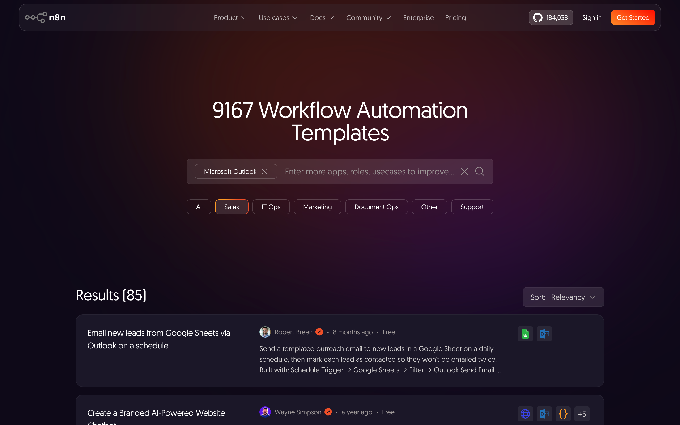 n8n workflow template library showing hundreds of pre-built business automation templates organized by category