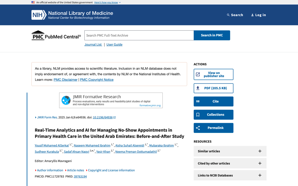 PubMed Central listing for the JMIR Formative Research study on managing no-show appointments in United Arab Emirates primary health care