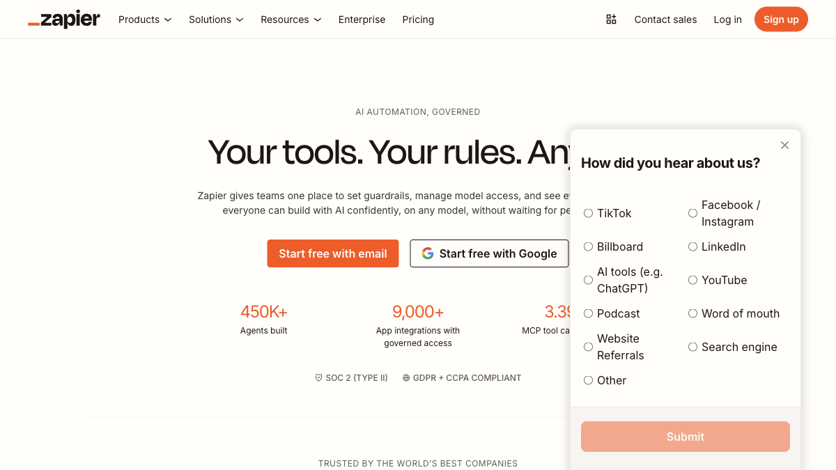 Zapier's homepage showing its AI-powered automation platform for connecting business apps and workflows
