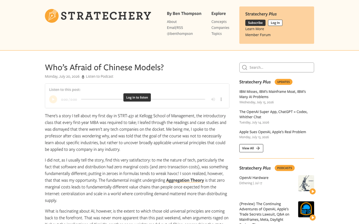 Ben Thompson's Stratechery article Who's Afraid of Chinese Models dated July 20 2026