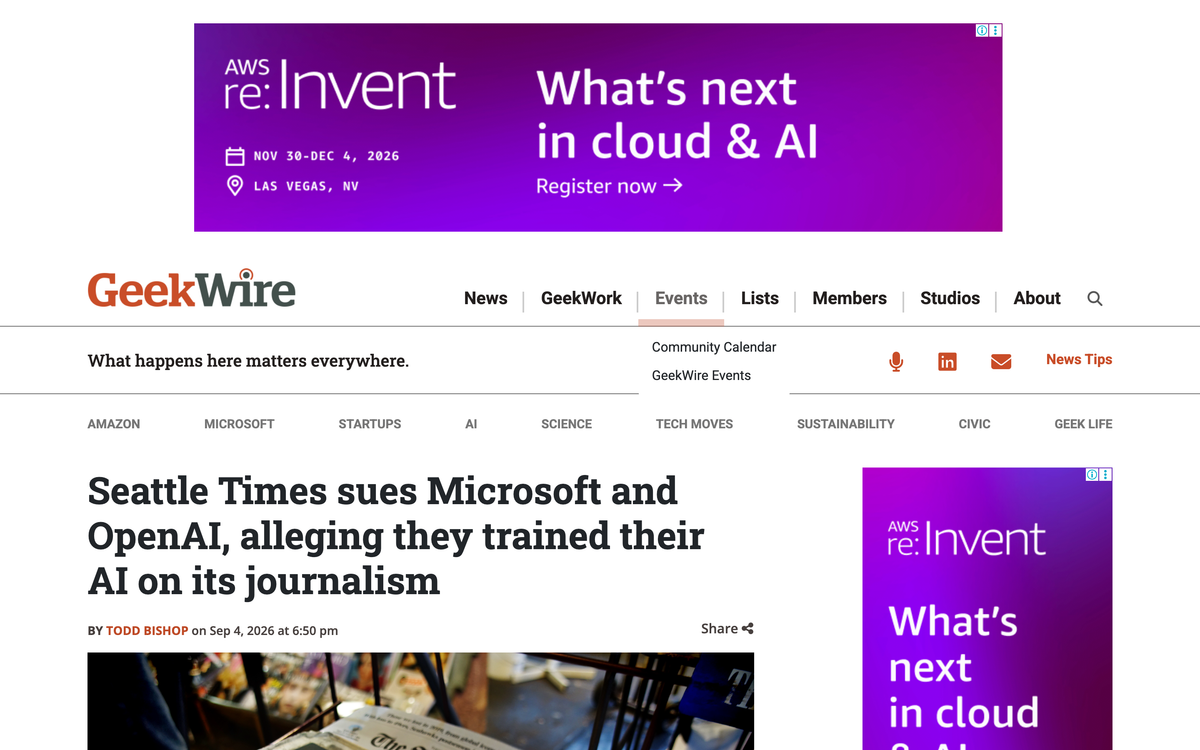 GeekWire's article headlined Seattle Times sues Microsoft and OpenAI, alleging they trained their AI on its journalism, bylined Todd Bishop, September 4 2026