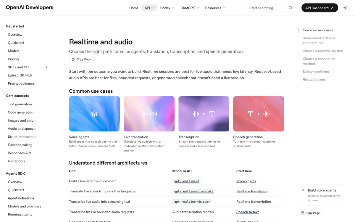 OpenAI Realtime API documentation page showing voice agents live translation transcription and speech generation use cases