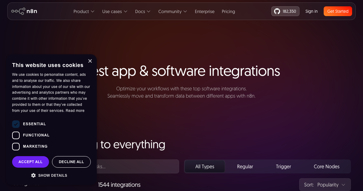 n8n integrations page showing available automation connectors