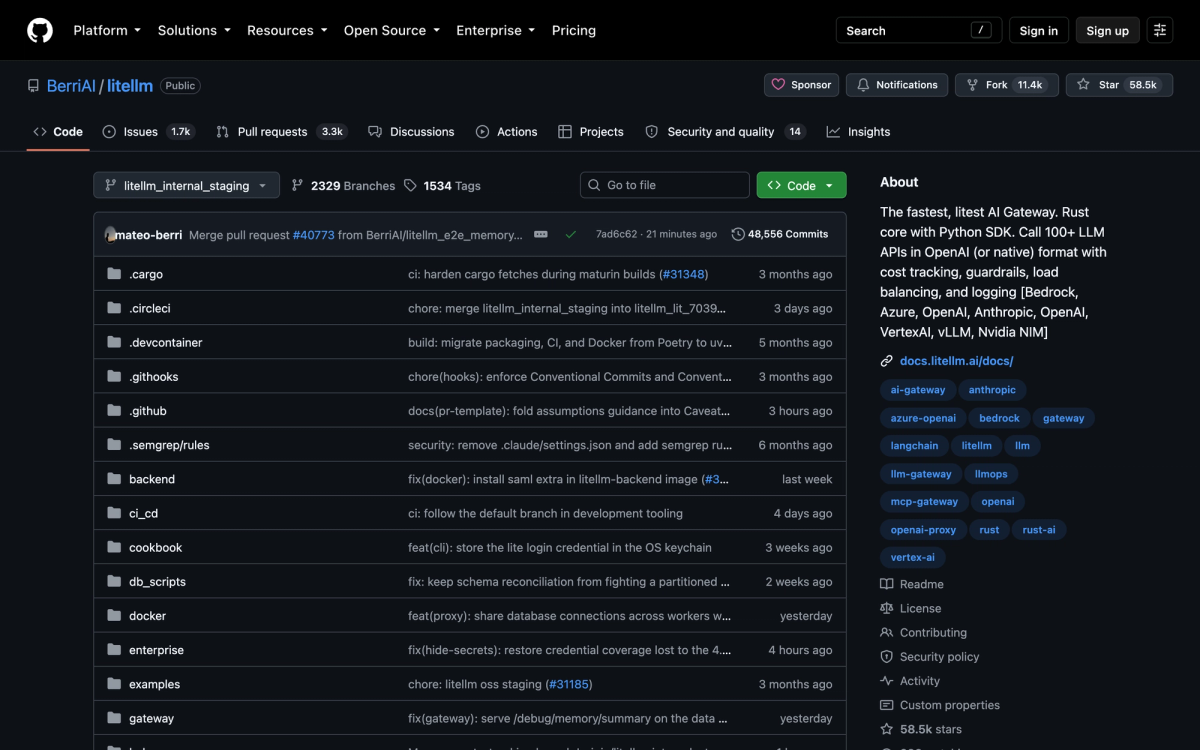 The BerriAI LiteLLM repository on GitHub showing 58.5k stars and a recent commit about restoring credential hiding coverage