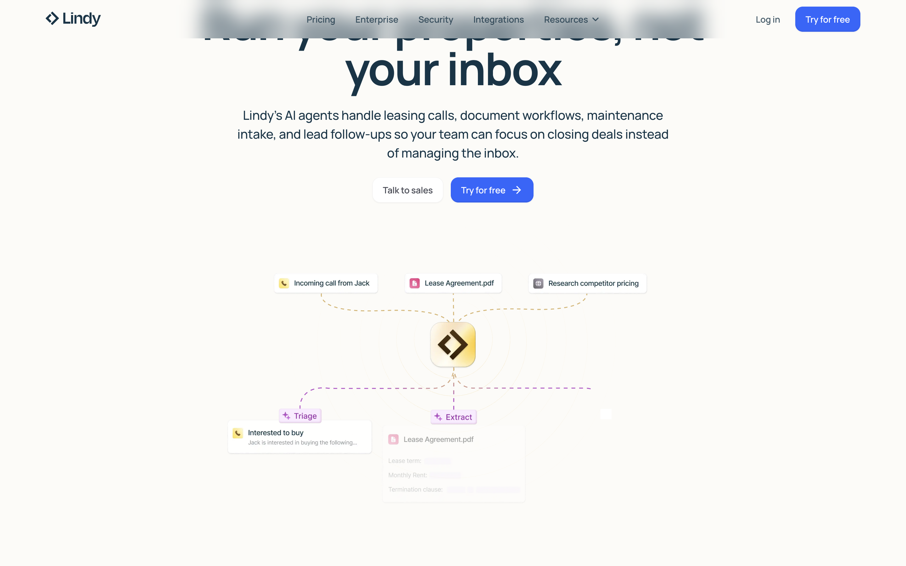 Lindy AI platform showing real estate property management lead generation and automated follow-up workflow features