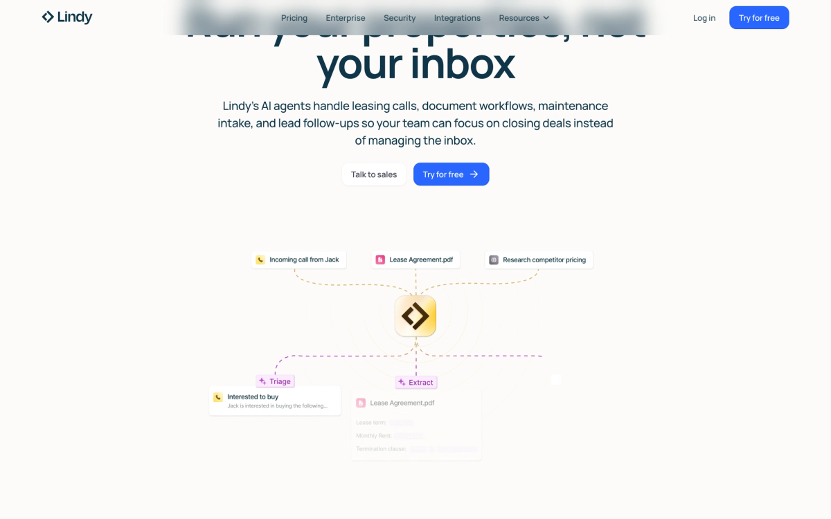 Lindy AI platform showing real estate property management lead generation and automated follow-up workflow features