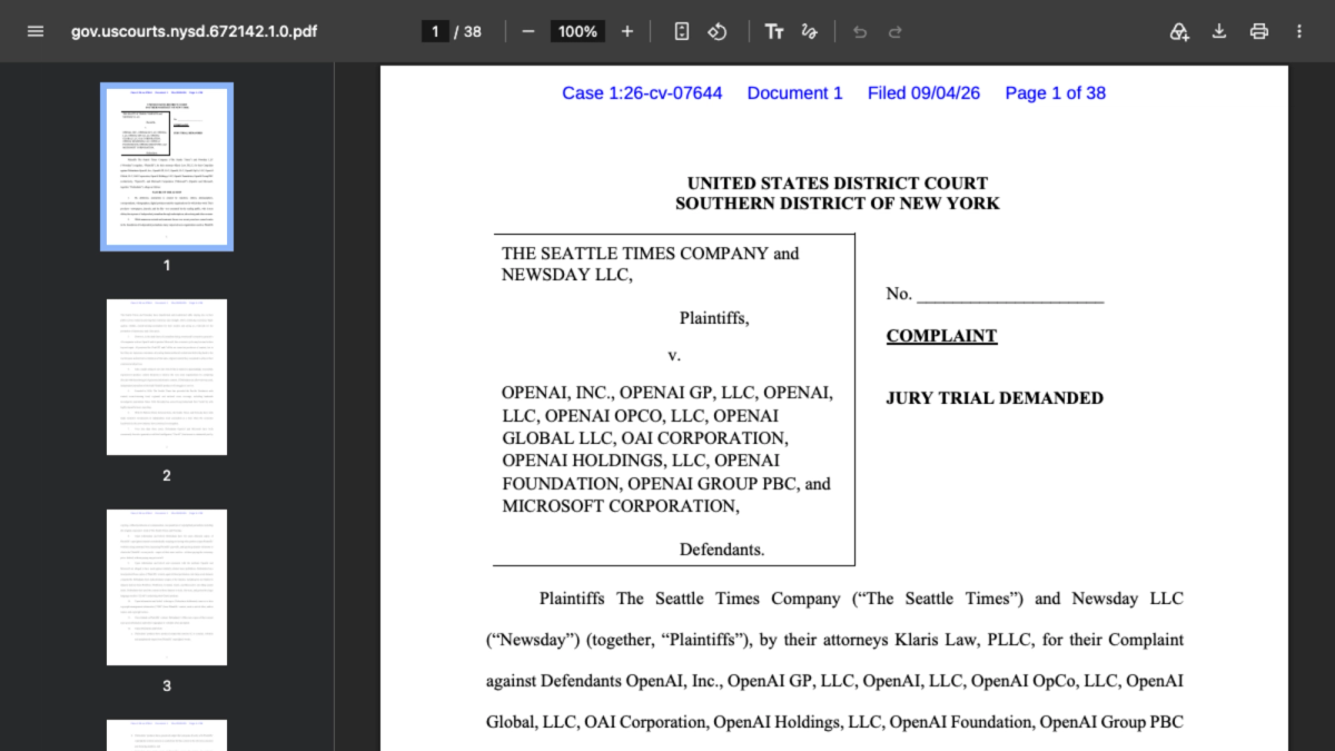 First page of the Seattle Times and Newsday complaint against OpenAI and Microsoft, case 1:26-cv-07644, filed September 4 2026 in the Southern District of New York