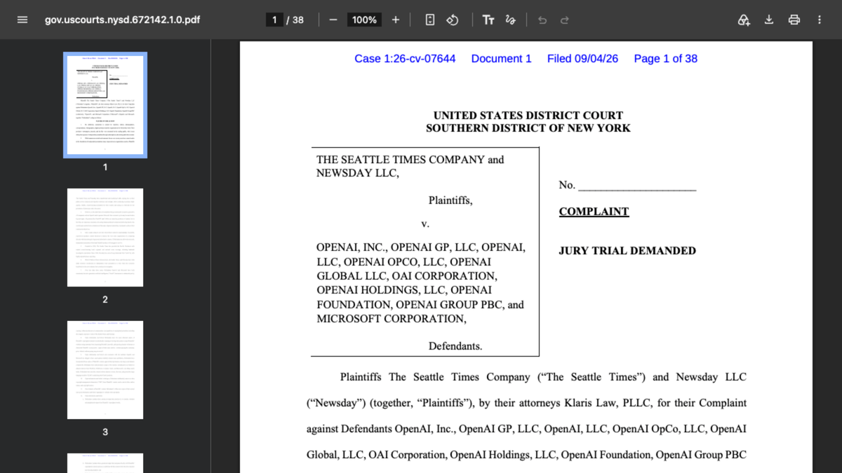 First page of the Seattle Times and Newsday complaint against OpenAI and Microsoft, case 1:26-cv-07644, filed September 4 2026 in the Southern District of New York