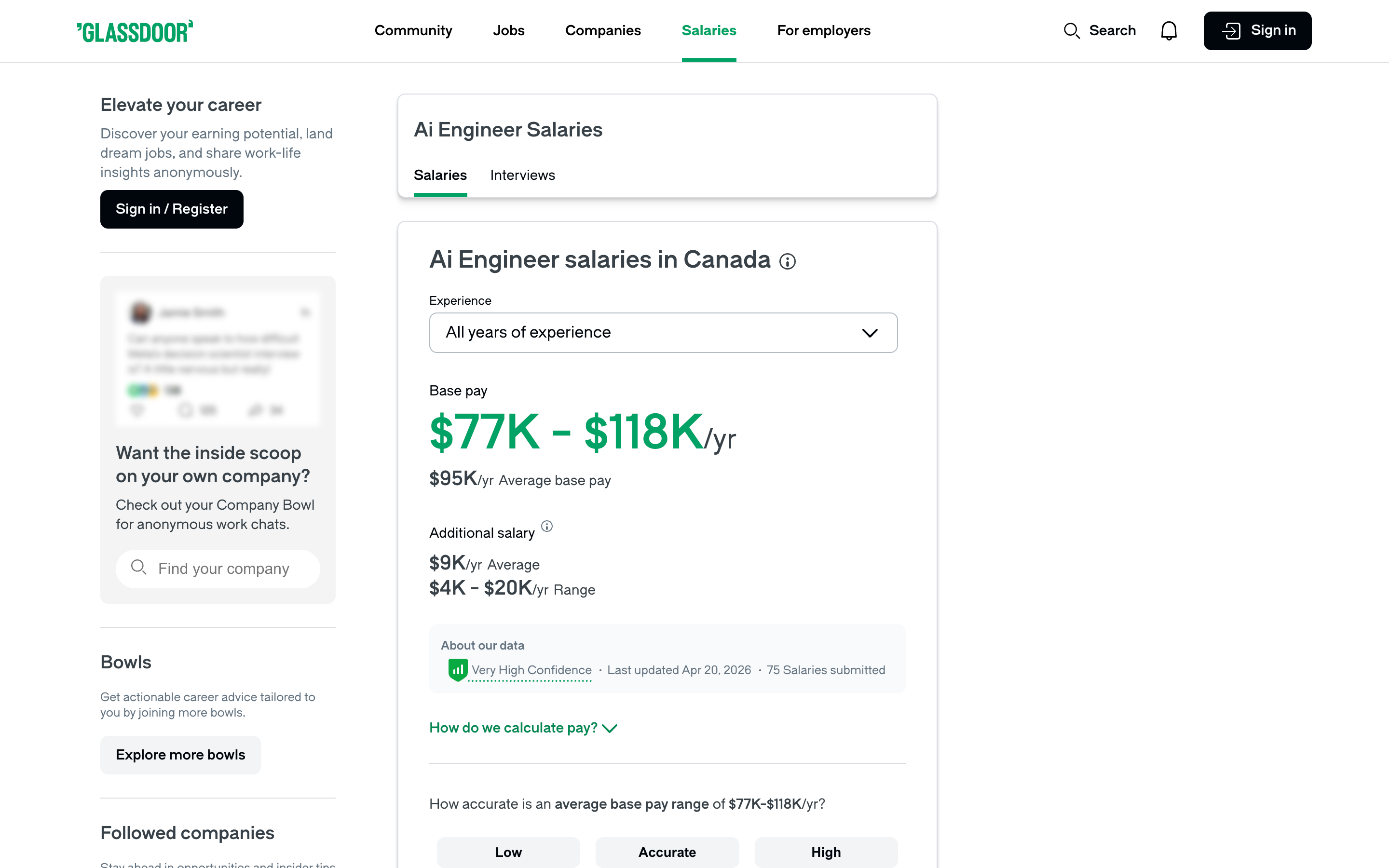 Glassdoor Canada data showing AI engineer average salary of $103,000 per year in March 2026