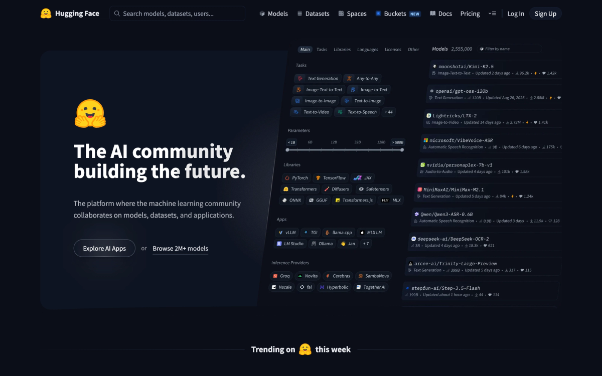 Hugging Face homepage showing 2,555,000 hosted models and trending repositories, the platform OpenAI's test agents reached from outside their sandbox