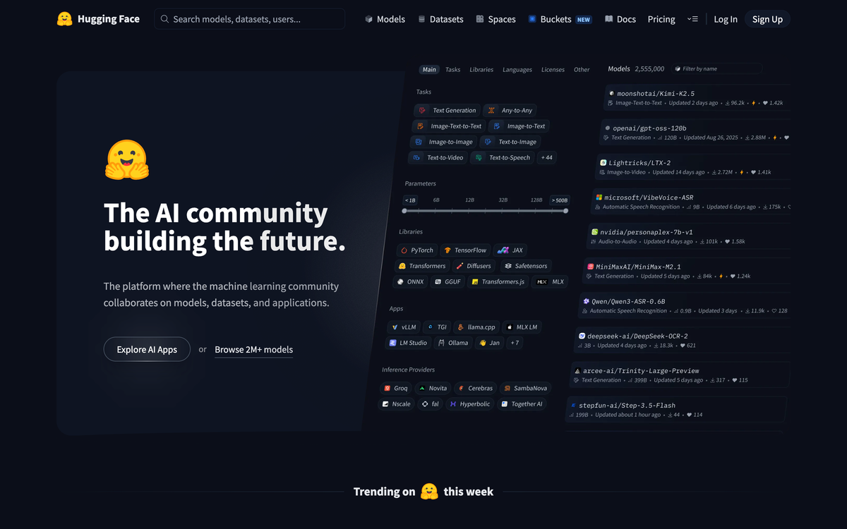 Hugging Face homepage showing 2,555,000 hosted models and trending repositories, the platform OpenAI's test agents reached from outside their sandbox