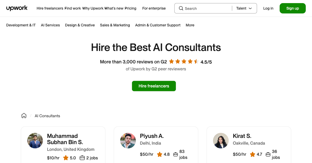 Upwork page for hiring AI consultants showing available freelancers with rates and reviews