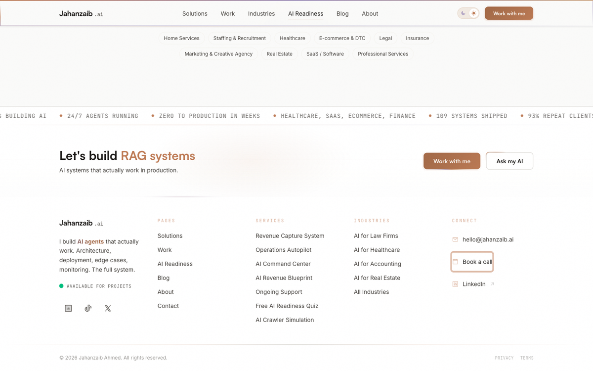The AI Readiness Assessment quiz on jahanzaib.ai showing a structured tool for identifying where AI can deliver ROI in your specific business