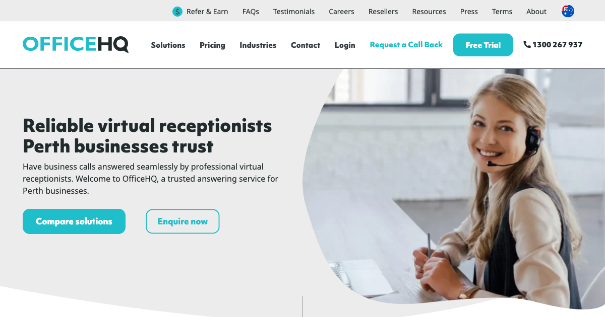 OfficeHQ virtual receptionists Perth landing page showing 24/7 Australian call answering service with no lock-in contract