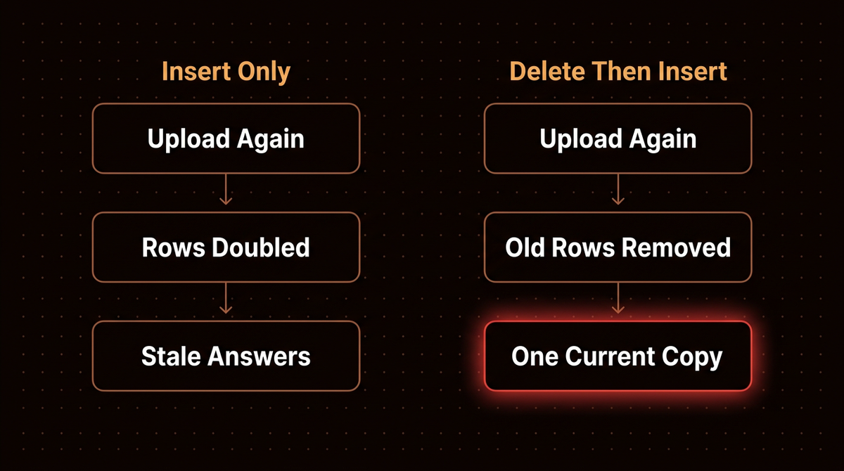 Comparison of insert only ingestion that doubles vector rows against delete then insert ingestion that keeps one current copy of each document