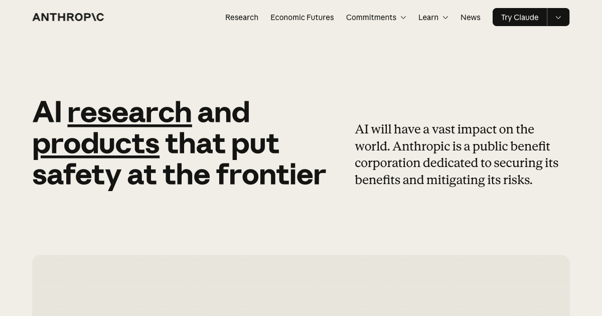 Anthropic homepage showing Claude AI and safety research for reliable AI systems