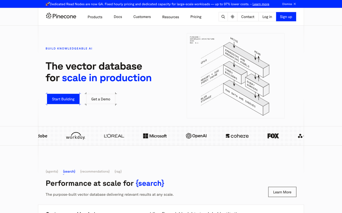 Pinecone homepage showing the vector database for scale in production with serverless architecture diagram and customer logos including Microsoft and OpenAI