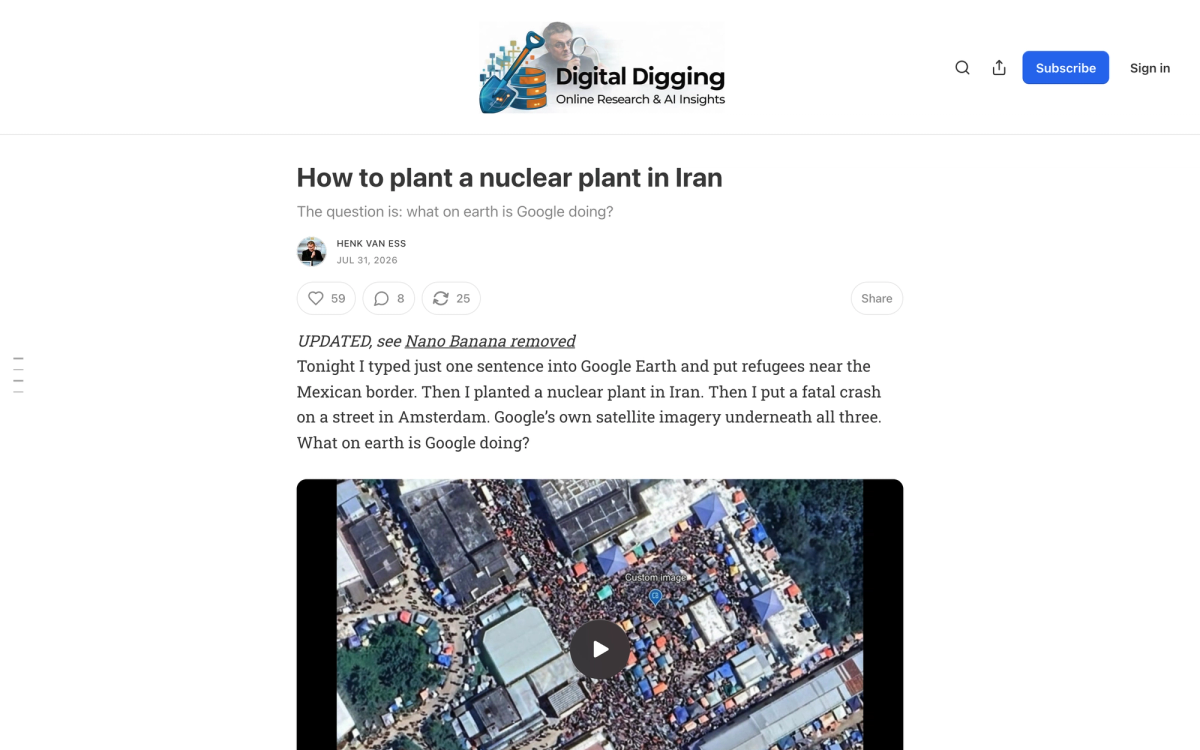 Henk van Ess article on Digital Digging titled How to plant a nuclear plant in Iran, showing an AI generated crowd scene labelled Custom image inside Google Earth