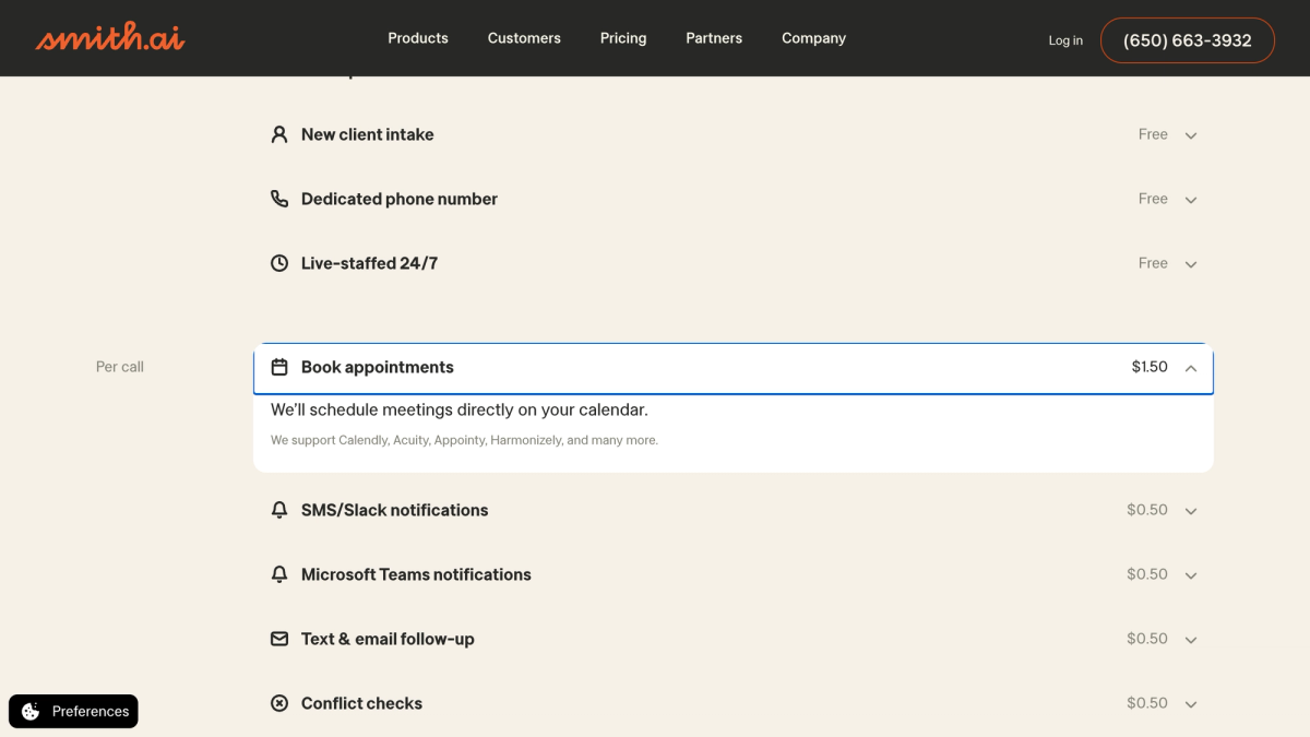 Smith.ai pricing page showing AI and human receptionist plan tiers and monthly costs for small businesses
