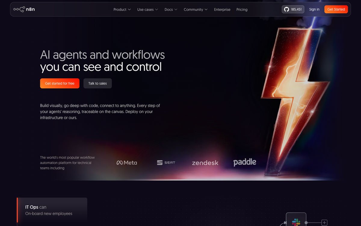 n8n workflow automation platform showing a visual builder connecting multiple business applications without code