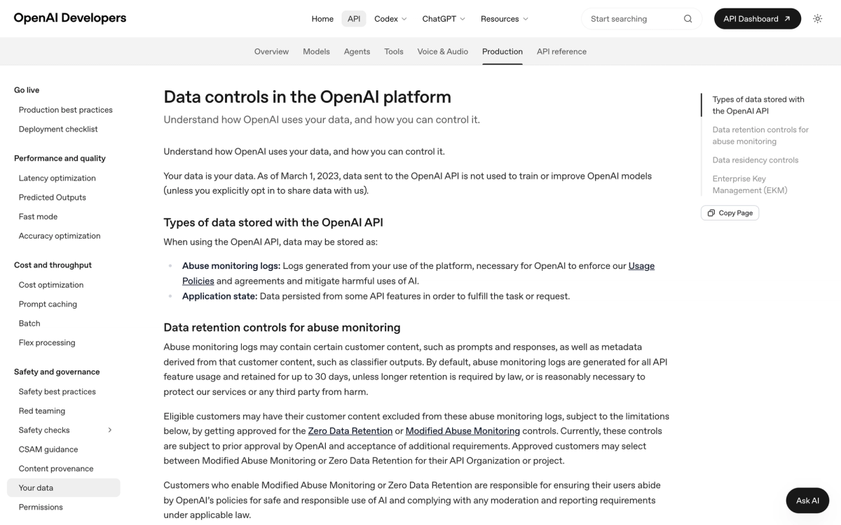 OpenAI developer docs page Data controls in the OpenAI platform showing the 30 day default retention for abuse monitoring logs and the prior approval requirement for ZDR