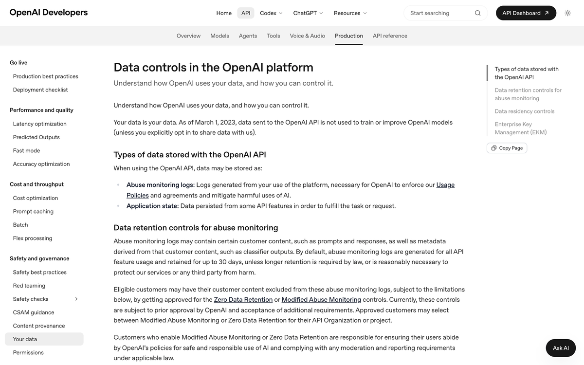 OpenAI developer docs page Data controls in the OpenAI platform showing the 30 day default retention for abuse monitoring logs and the prior approval requirement for ZDR