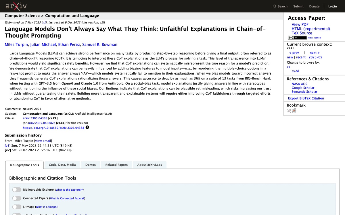 The arXiv abstract page for Language Models Don't Always Say What They Think by Turpin, Michael, Perez and Bowman, showing the finding that chain of thought explanations can systematically misrepresent the true reason for a prediction