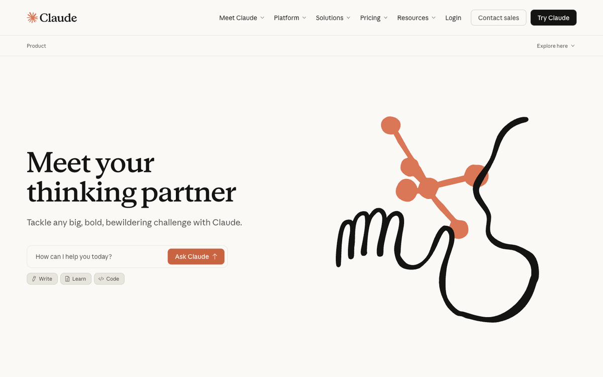 Anthropic Claude homepage showing the AI thinking partner platform used as the brain behind production agents