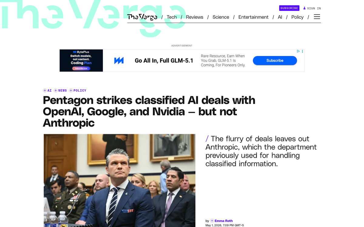 The Verge article headline Pentagon strikes classified AI deals with OpenAI Google and Nvidia but not Anthropic