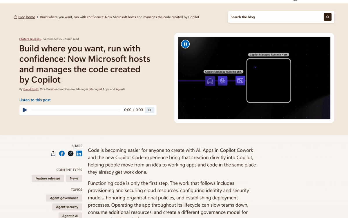 Microsoft Copilot Blog post titled Build where you want, run with confidence, announcing Copilot Managed Runtime, with a diagram of the Managed Runtime SDK connecting to the Managed Runtime Host