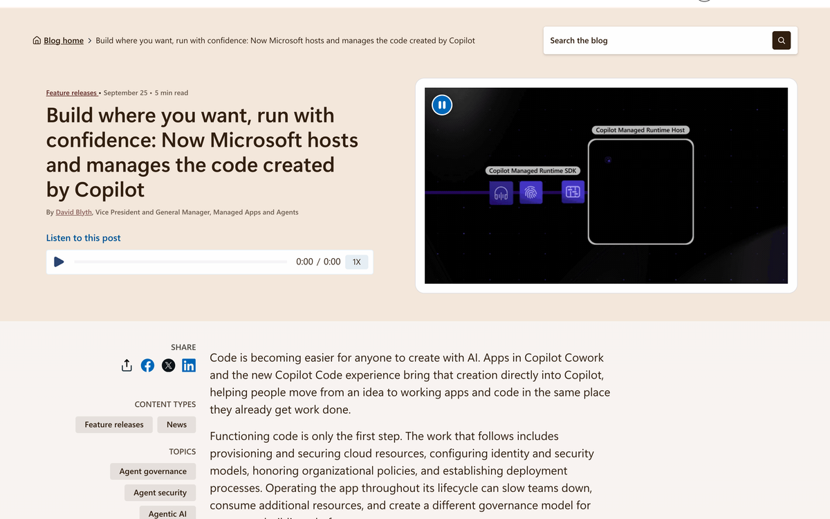 Microsoft Copilot Blog post titled Build where you want, run with confidence, announcing Copilot Managed Runtime, with a diagram of the Managed Runtime SDK connecting to the Managed Runtime Host