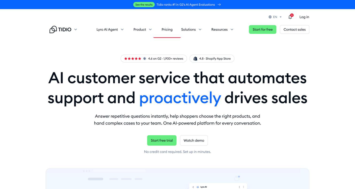 Tidio homepage in October 2026 describing AI customer service that automates support and drives sales, rated 4.6 on G2