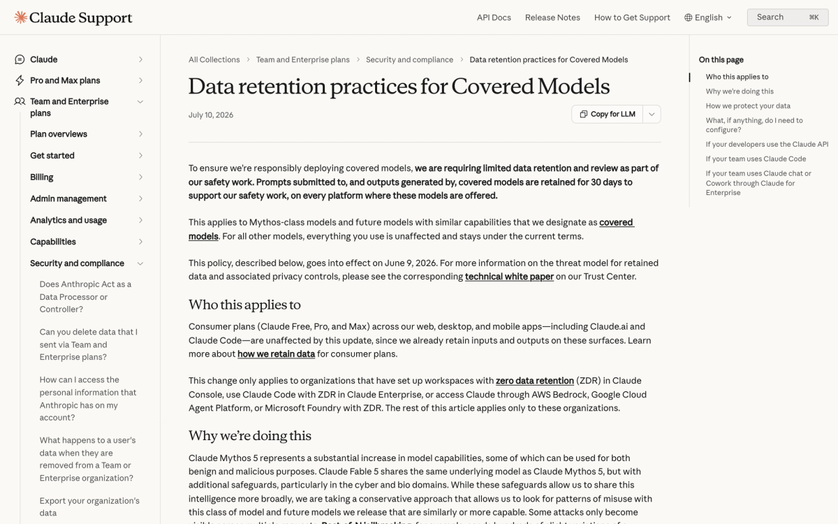 Anthropic help centre article Data retention practices for Covered Models showing the 30 day retention rule and the list of ZDR configurations it applies to