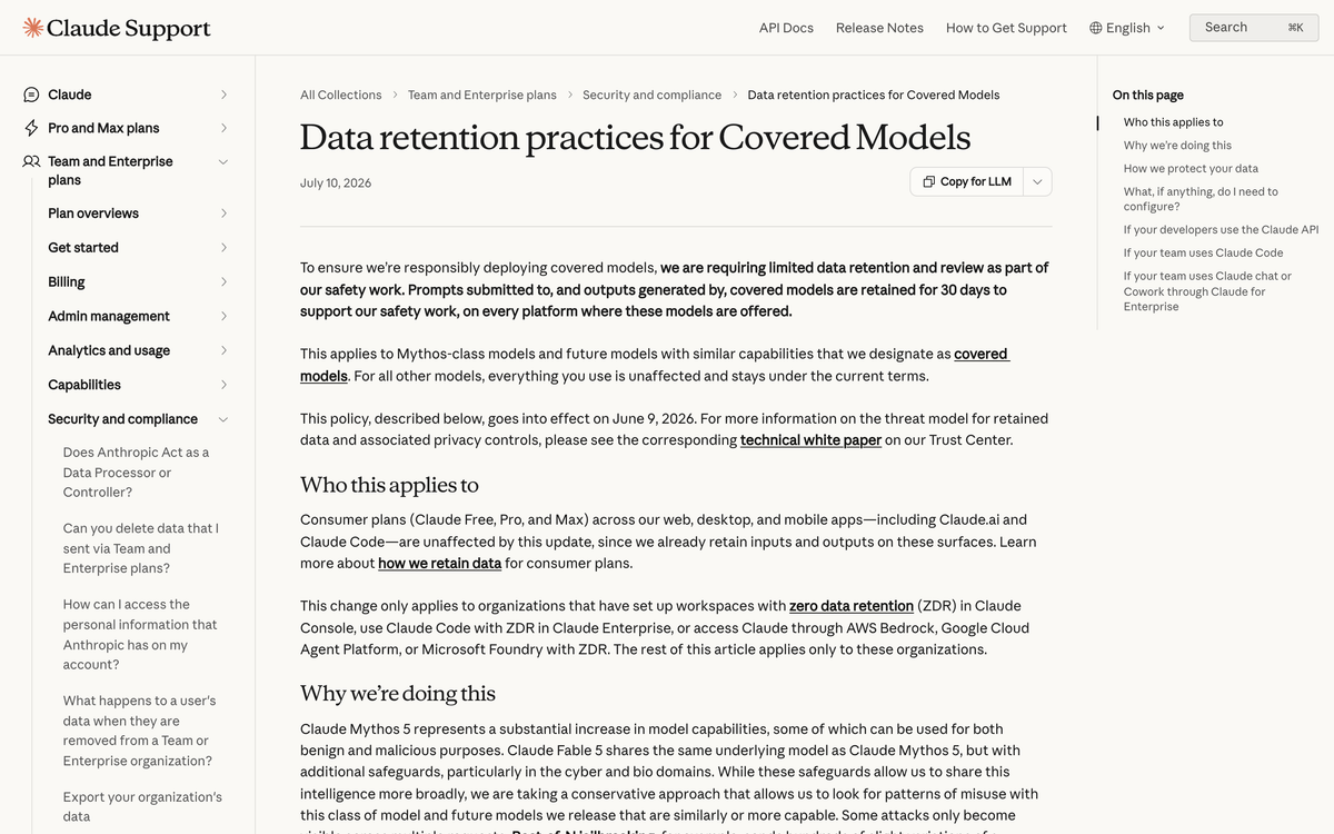 Anthropic help centre article Data retention practices for Covered Models showing the 30 day retention rule and the list of ZDR configurations it applies to