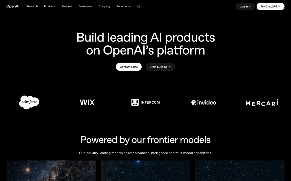 OpenAI platform page headlined Build leading AI products on OpenAI's platform, showing customer logos for Salesforce, Wix, Intercom, invideo and Mercari