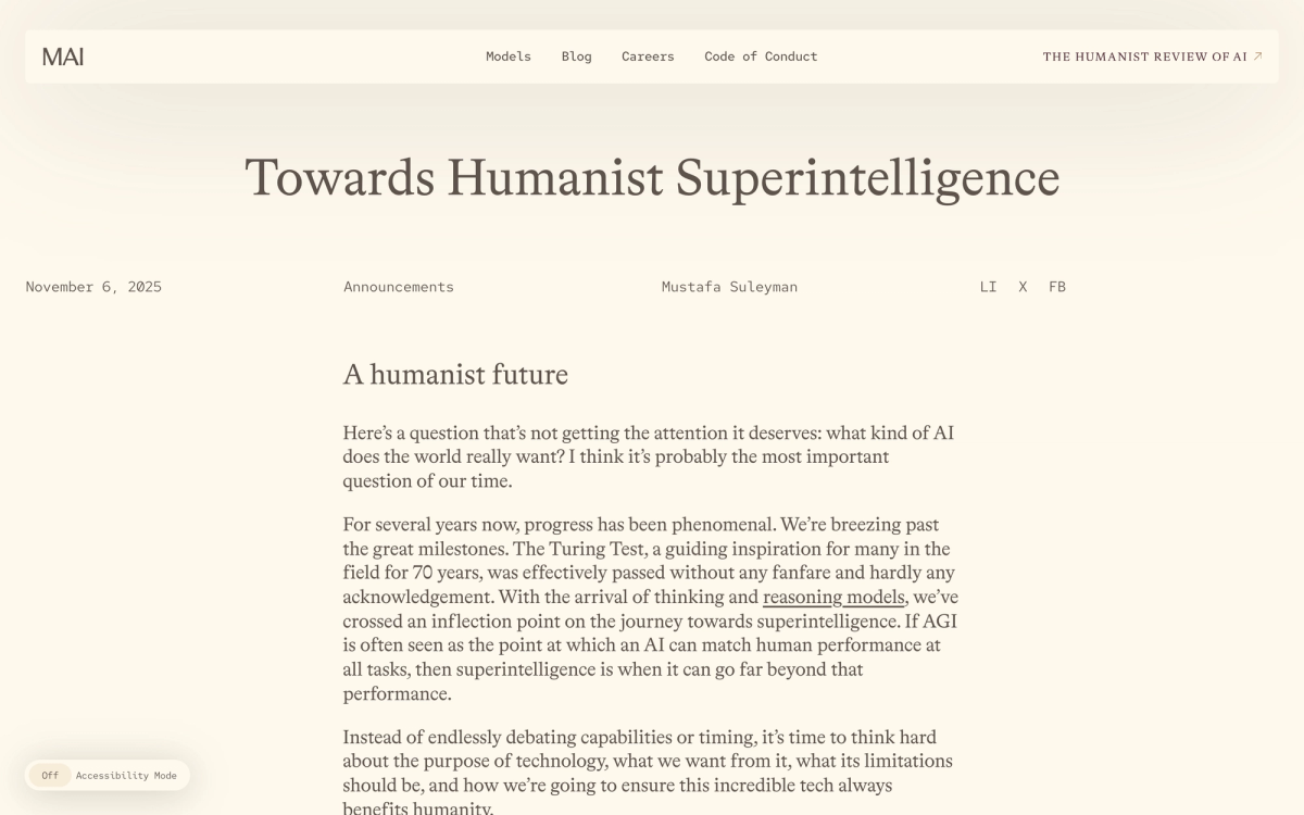 Mustafa Suleyman's Towards Humanist Superintelligence essay from November 2025, the founding document the Code of Conduct builds on