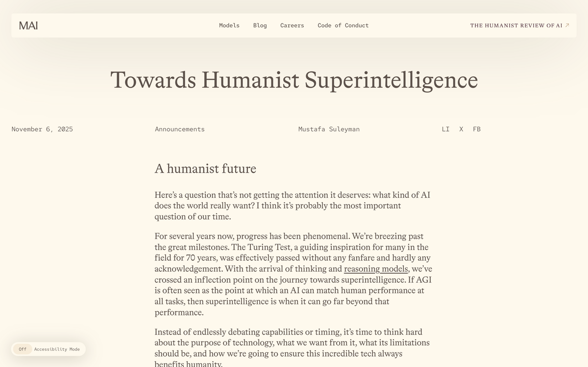 Mustafa Suleyman's Towards Humanist Superintelligence essay from November 2025, the founding document the Code of Conduct builds on