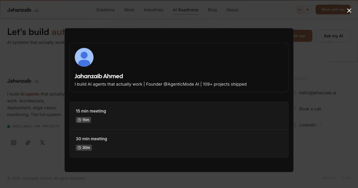 Jahanzaib Ahmed AI Readiness Assessment quiz showing industry selection and personalized AI recommendations for small business owners