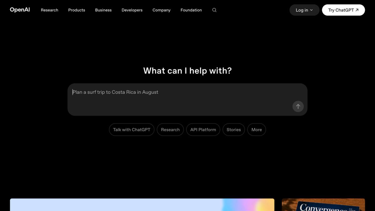 OpenAI homepage showing ChatGPT interface, the company at the center of the Microsoft Azure court email drama