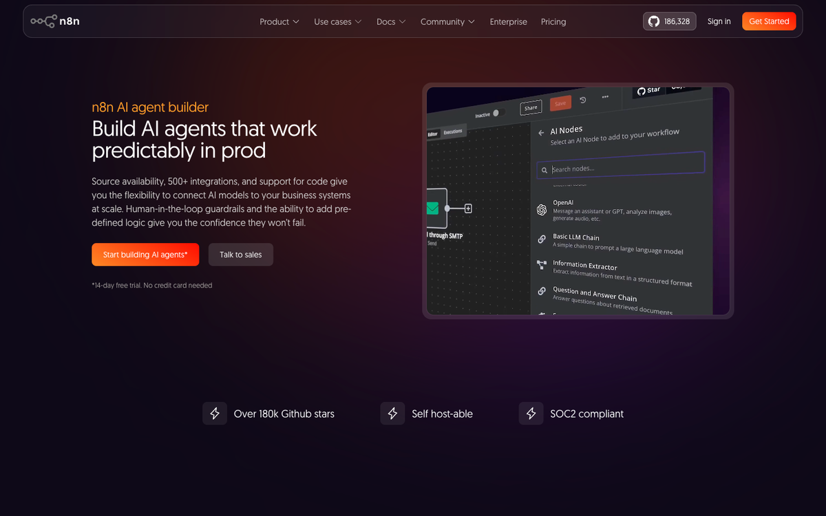 n8n AI agents page showing the open-source workflow automation platform for building custom AI agents with logic and control