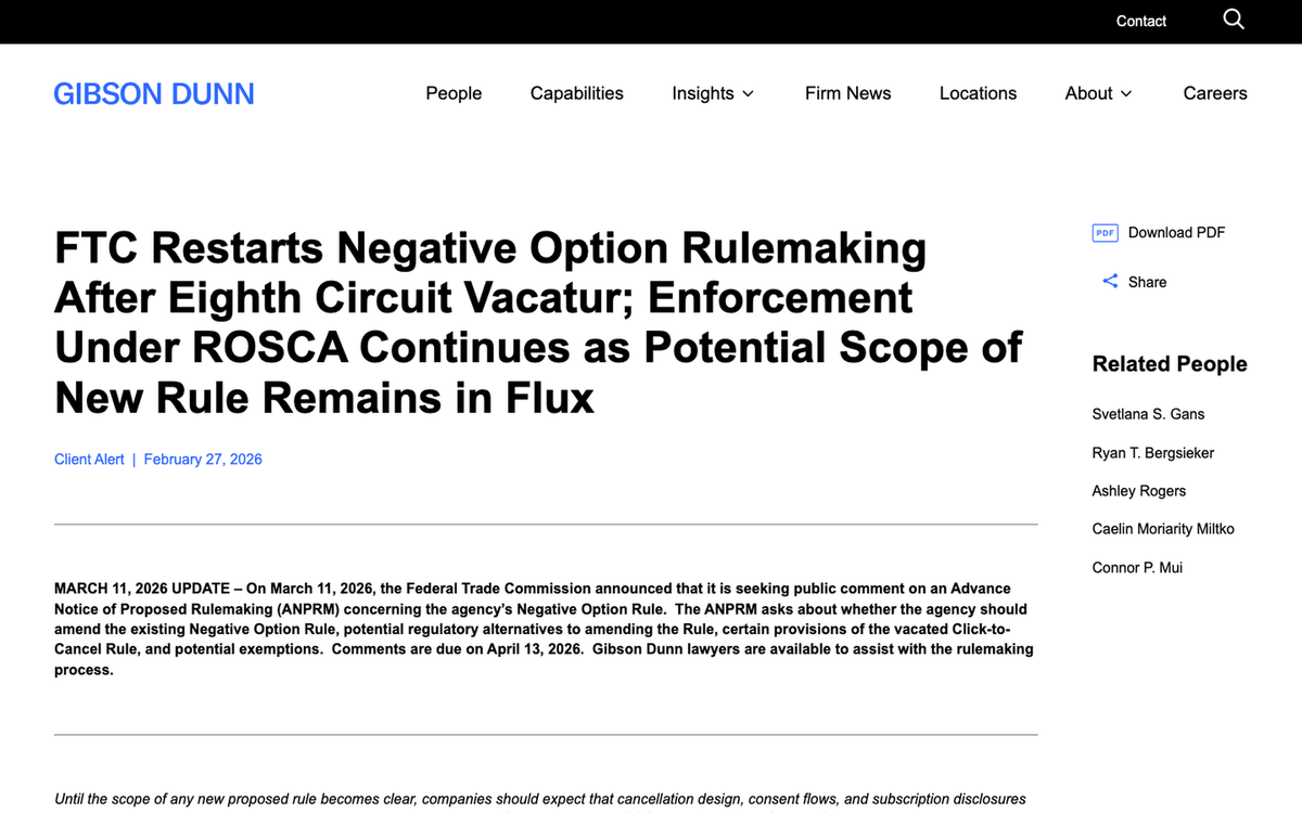 Gibson Dunn client alert headline reporting the FTC restarted negative option rulemaking after the Eighth Circuit vacatur with ROSCA enforcement continuing