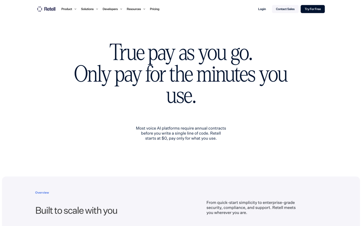 Retell AI pricing page headline reading True pay as you go, only pay for the minutes you use