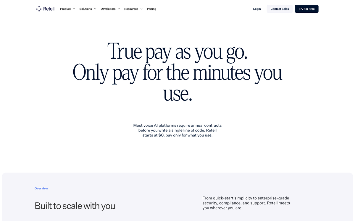 Retell AI pricing page headline reading True pay as you go, only pay for the minutes you use