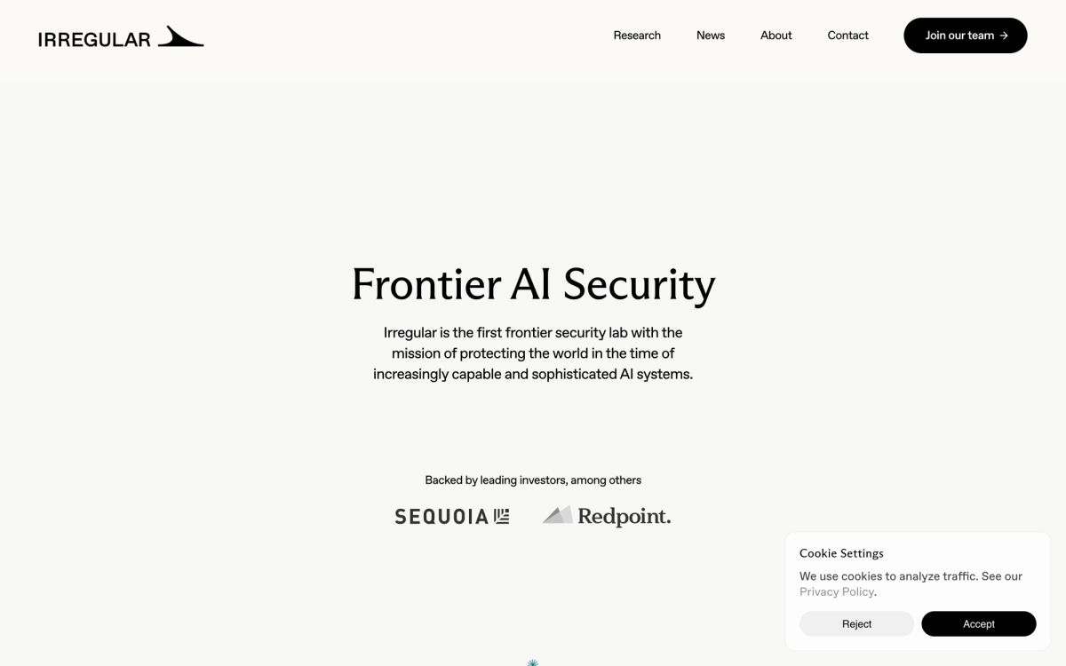 Irregular's homepage, headlined Frontier AI Security, showing Sequoia and Redpoint as backers